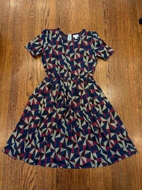 LuLaRoe Amelia Dress - Geometric Blue/Gold/Burgundy/Black - Women's Medium
